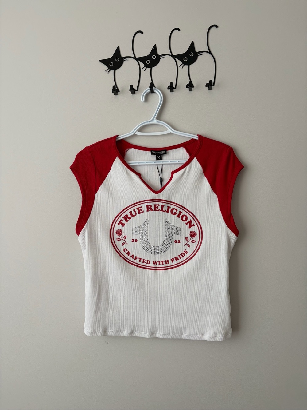 True Religion White Tee with Red Raglan Sleeves and Logo